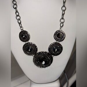 Chunky Silver Tone Statement Necklace Hammered Medallions Dark Grey Crystal